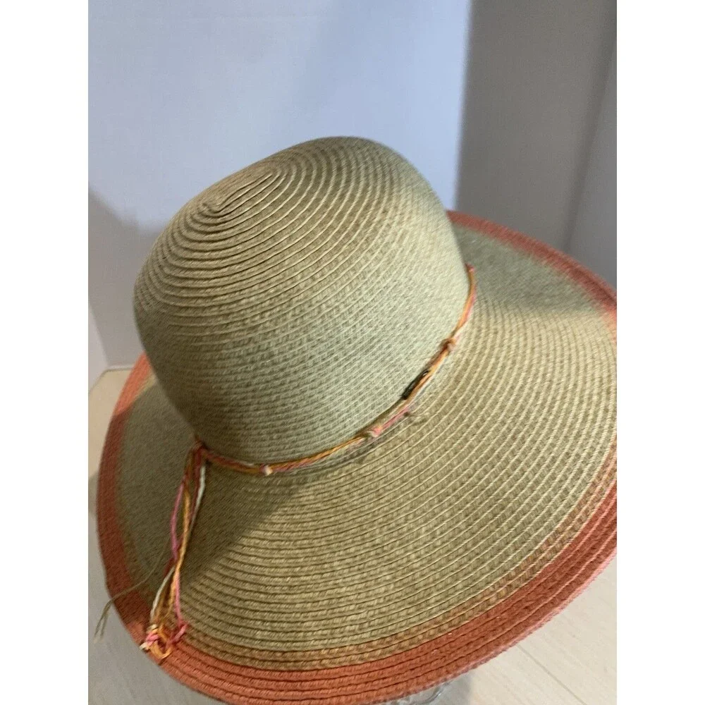 K.Keith Beige Straw Sun Hat Wide Brim with Peach edge and Band, Adjustable Sz M